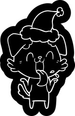 cartoon icon of a panting dog shrugging shoulders wearing santa hat