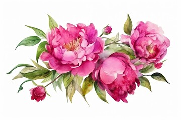 Watercolor pink magenta peony flowers bouquet. Generative Ai