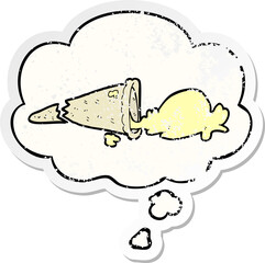 cartoon dropped ice cream and thought bubble as a distressed worn sticker