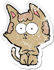 distressed sticker of a happy cartoon cat