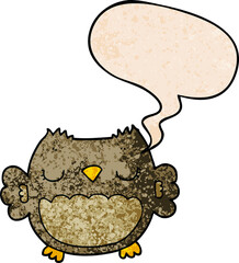 cute cartoon owl and speech bubble in retro texture style