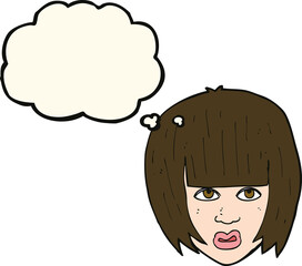 cartoon annoyed girl with big hair with thought bubble