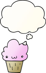 cartoon cupcake with face and thought bubble in smooth gradient style