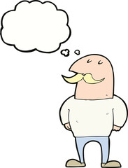 cartoon bald man with mustache with thought bubble