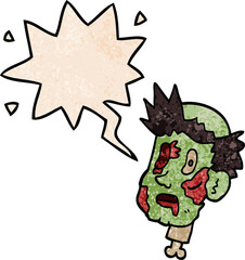 cartoon zombie head and speech bubble in retro texture style