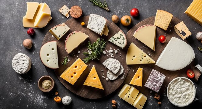 Cheese slices from different types on a beautiful plate. AI generated.