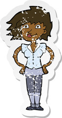 retro distressed sticker of a cartoon woman with hands on hips