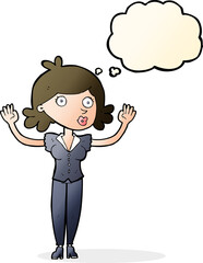 cartoon woman surrendering with thought bubble