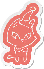 confused cartoon  sticker of a cat wearing santa hat