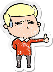 distressed sticker of a cartoon man sweating