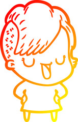 warm gradient line drawing cute cartoon girl with hipster haircut