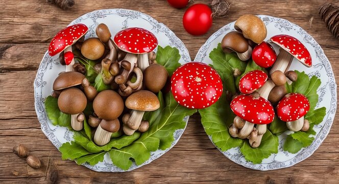 a dish of fly agaric mushrooms and royal champignons on a beautiful plate. AI generated.