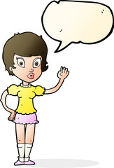 cartoon pretty girl waving with speech bubble