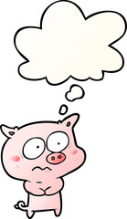 cartoon nervous pig and thought bubble in smooth gradient style