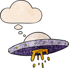 cartoon flying UFO and thought bubble in grunge texture pattern style