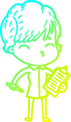 cold gradient line drawing cartoon woman thinking