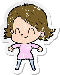 distressed sticker of a cartoon friendly girl