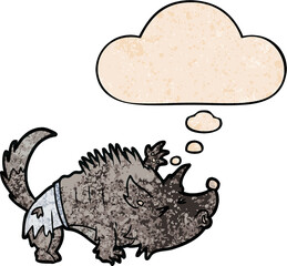 cartoon werewolf and thought bubble in grunge texture pattern style