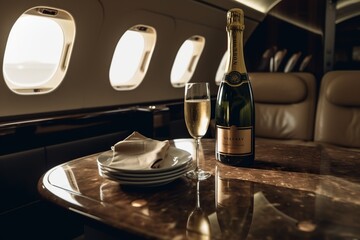Obraz na płótnie Canvas Private Jet, Luxury Table with Champagne and glasses