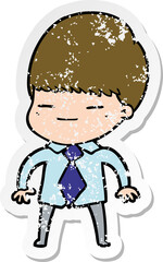 distressed sticker of a cartoon smug boy