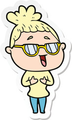 sticker of a cartoon happy woman wearing spectacles