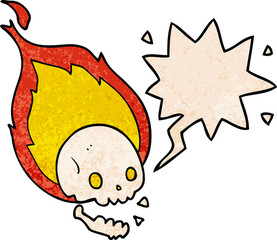 spooky cartoon flaming skull and speech bubble in retro texture style