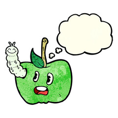 cartoon apple with bug with thought bubble