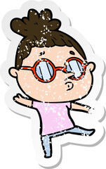 distressed sticker of a cartoon woman wearing glasses