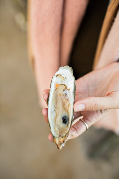 Hand holding an oyster shell outside 
