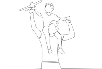 Dady playing with airplane toys with his son. Father's Day one-line drawing