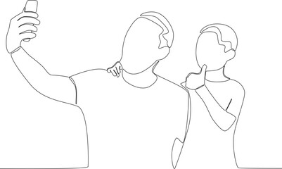 A father taking a selfie with his son. Father's Day one-line drawing