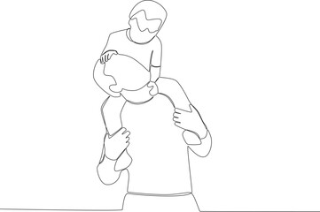 A father looks at his son on his shoulder. Father's Day one-line drawing