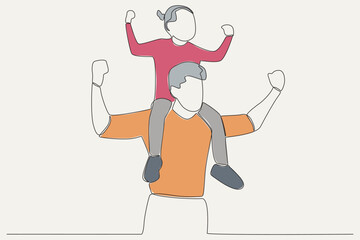 Color illustration of a father carrying his daughter on his shoulder. Father's Day one-line drawing