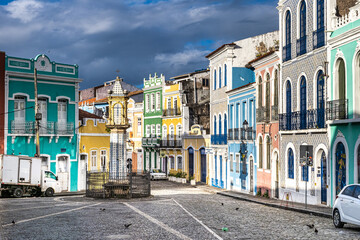 Colorful colonial houses at the historic district of Pelourinho in Salvador da Bahia, Brazil.