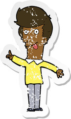 retro distressed sticker of a cartoon funny man with idea