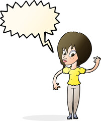 cartoon woman waving with speech bubble