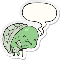 cute cartoon old turtle and walking stick and speech bubble sticker