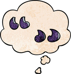cartoon quotation marks and thought bubble in grunge texture pattern style