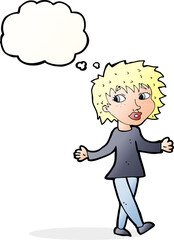 cartoon woman with no worries with thought bubble