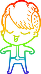 rainbow gradient line drawing happy cartoon girl in futuristic clothes