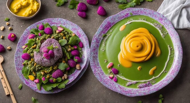 pumpkin and spinach puree with purple dessert on a beautiful plate. AI generated.