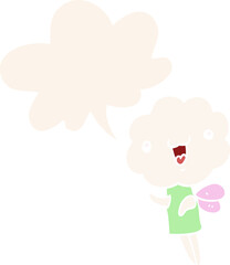 cute cartoon cloud head creature and speech bubble in retro style