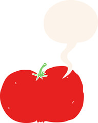 cartoon tomato and speech bubble in retro style