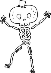 black and white cartoon dancing skeleton