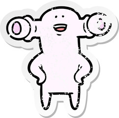 distressed sticker of a friendly cartoon alien