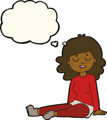 cartoon happy woman sitting on floor with thought bubble