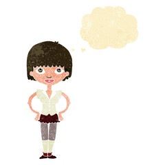 cartoon woman with hands on hips with thought bubble