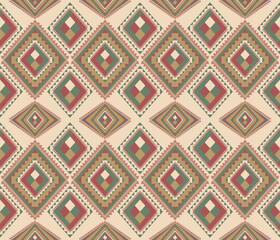 Ethnic folk geometric seamless pattern in red, green and brown tone in vector illustration design for fabric, mat, carpet, scarf, wrapping paper, tile and more