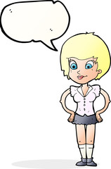cartoon pretty woman with hands on hips with speech bubble