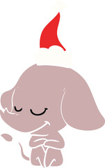 flat color illustration of a smiling elephant wearing santa hat